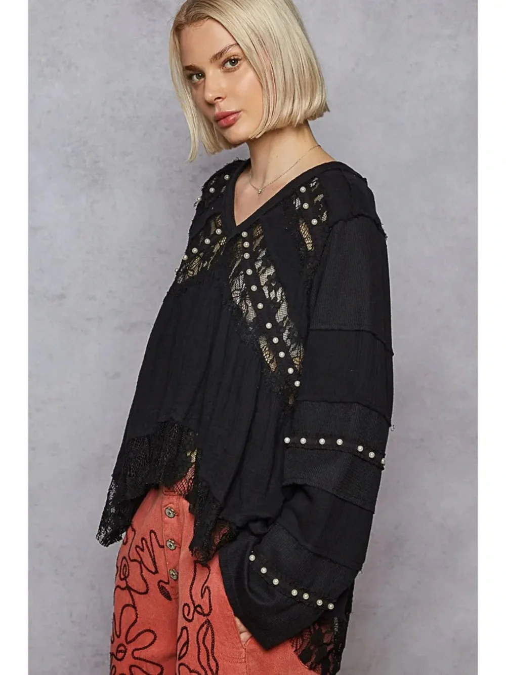 POL Black Lace-Trim Pearl-Embellished V-Neck Tunic - Picture 2 of 4